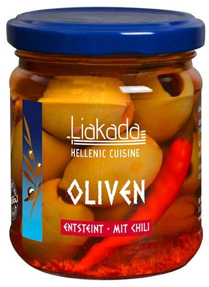 Grüne Oliven mit Chili entsteint