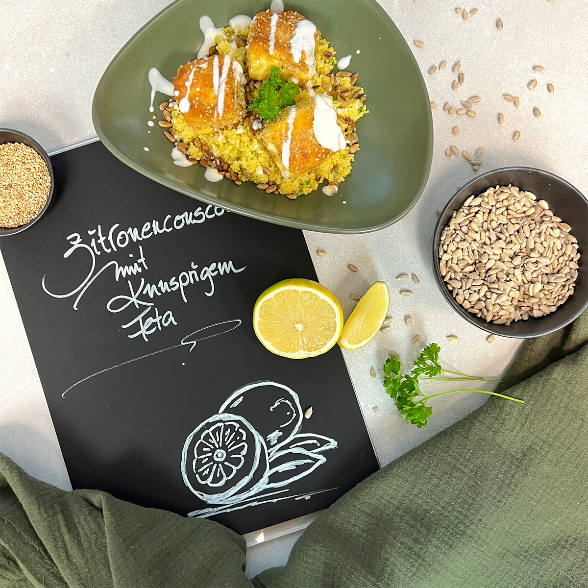 Zitronencouscous mit knusprigem Feta