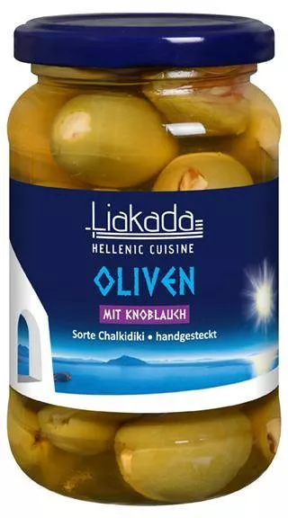 Grüne Oliven mit Knoblauch Sorte Chalkidiki handgesteckt