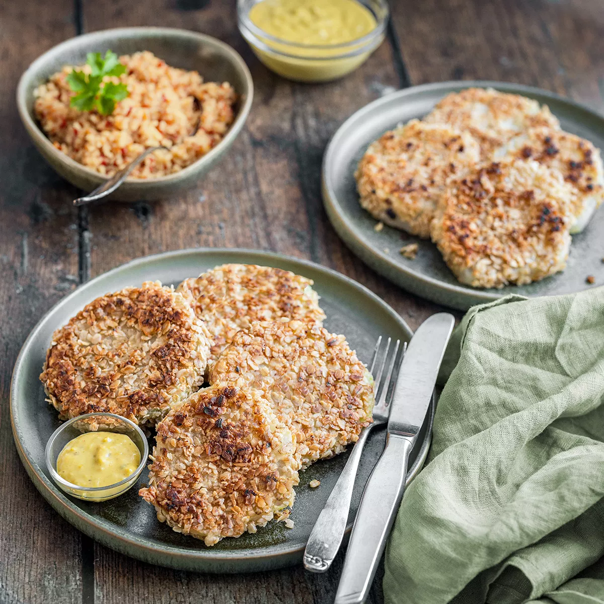 Gebackene Kohlrabischnitzel mit Reis-Bowl-Gemüse