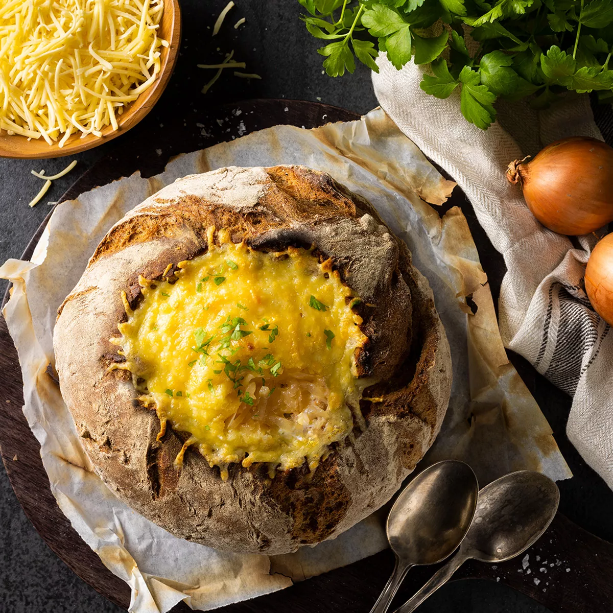 Französische Zwiebelsuppe im Brot